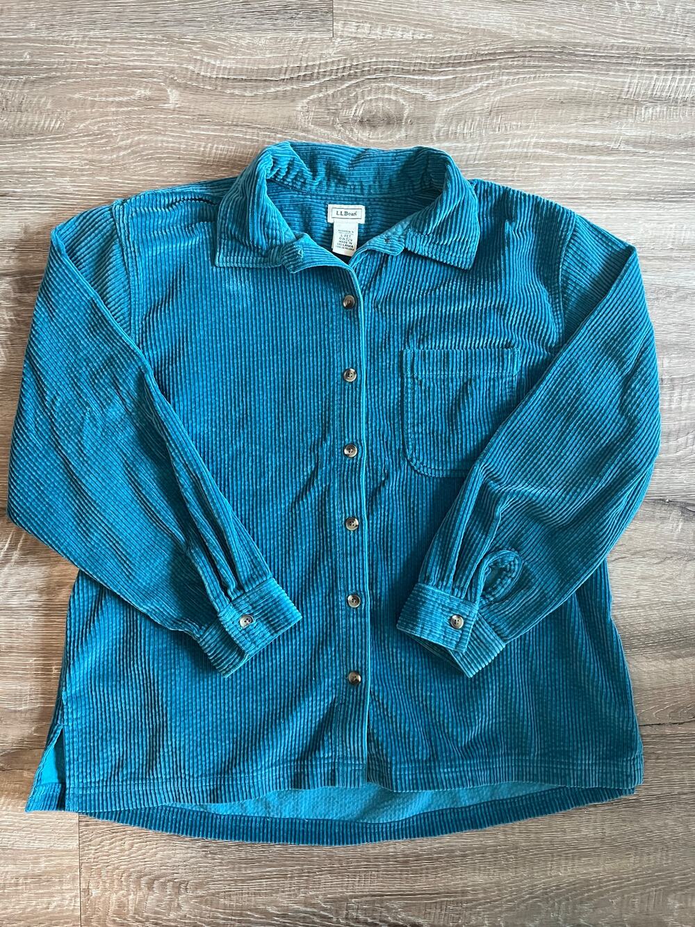 L.L. Bean Women's Large Petite Blue Turquoise Corduroy Flannel Shirt 100% Cotton